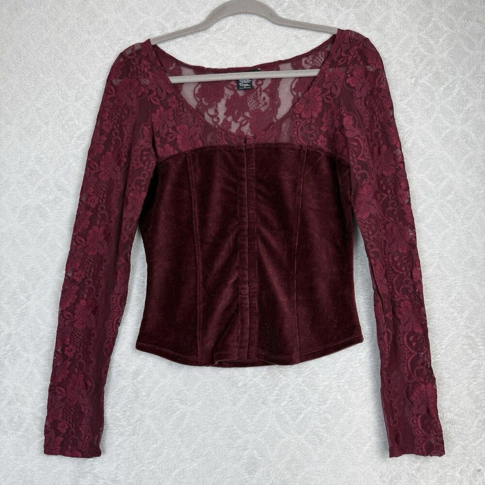 Moda International Burgundy Lace Velvet Long Sleeve Top - Picture 1 of 13